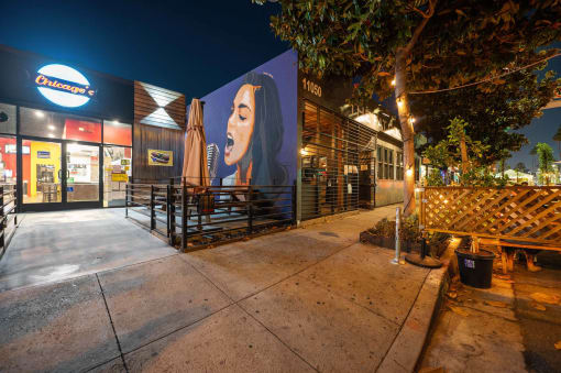 a mural of a woman on the side of a building at night