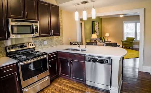 large kitchen stainless appliances quartz countertops open concept for entertaining university city u city delmar loop washington university wash u student housing