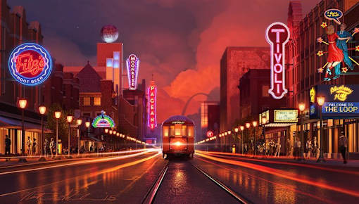 A street scene with a tram and various neon signs.