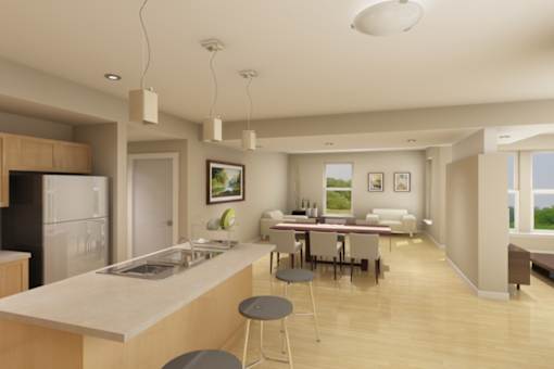 a rendering of a kitchen and dining room in a house