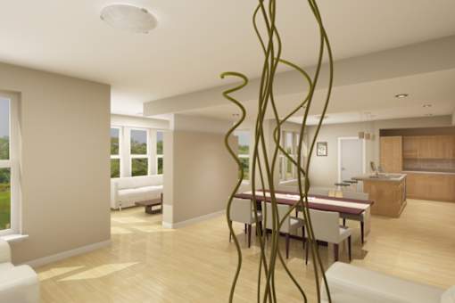 a dining room and living room with a dining table and chairs