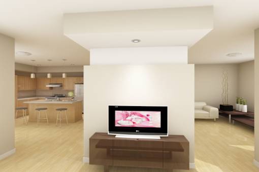 a living room with a television and a kitchen