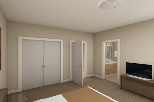 a living room with a tv and two doors