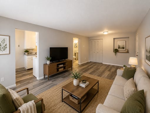 A living room with a couch, coffee table, and television.