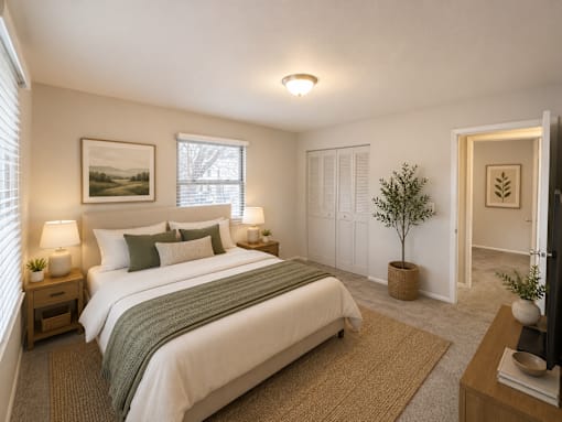 A bedroom with a large bed and a small tree in a pot.