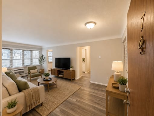 A living room with a couch, a coffee table, a television, and a door.