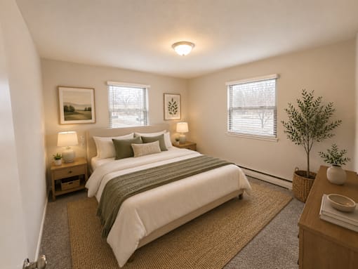 A bedroom with a large bed and a small tree.