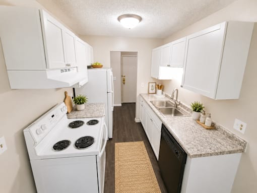 A kitchen with white cabinets and a black dishwasher.