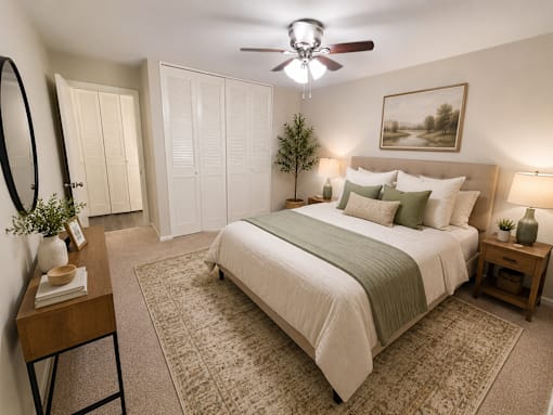 A bedroom with a large bed, a ceiling fan, and a painting on the wall.