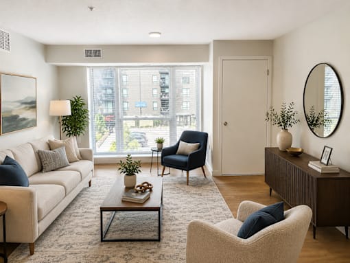 A living room with a sofa, armchair, and coffee table.