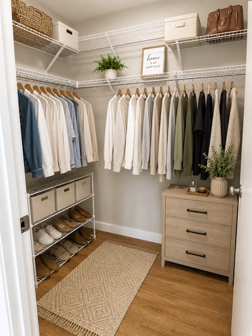A white closet with clothes hanging and drawers underneath.