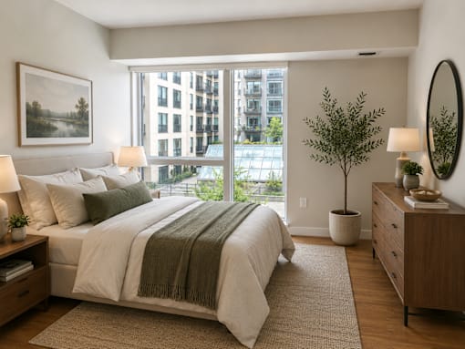 A bedroom with a large bed, a side table with a lamp, and a framed picture on the wall.