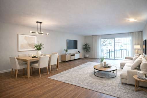 A well-lit living room with a dining table and chairs.