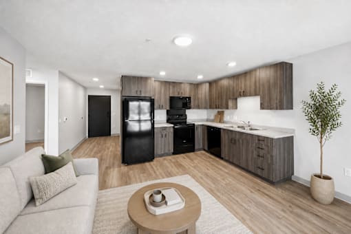 A modern kitchen with a black fridge and stove, a wooden countertop, and a small tree in a pot.