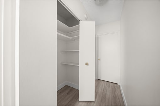A white door with a gold handle is in a white room.