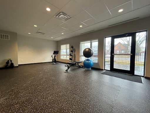 A gym with a blue ball, a black kettlebell, and a squat rack.