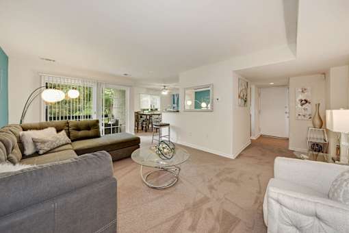 A living room with a grey couch and a glass coffee table.