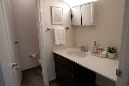 A bathroom with a white sink and a white towel hanging on the towel rack.