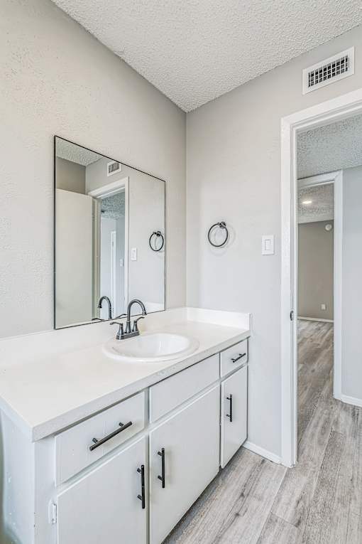 A bathroom with a white sink and a mirror.