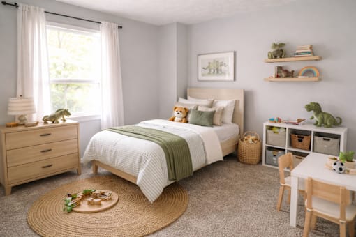 A cozy bedroom with a bed, a dresser, a nightstand, a chair, and a table.