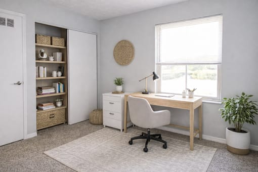 A room with a desk, chair, and a potted plant.
