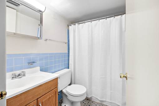A white toilet sits next to a sink in a bathroom.