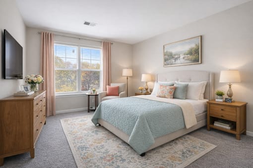 A bedroom with a large bed, a dresser, and a window with curtains.