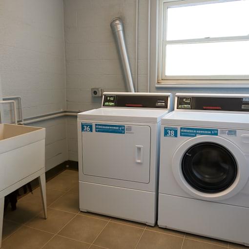 Two washing machines, one with the number 36 and the other with the number 38, are in a laundry room.