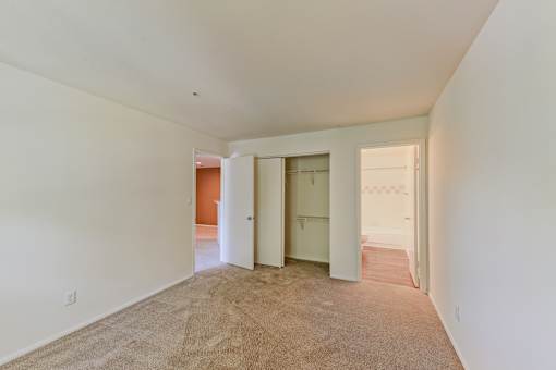a living room with carpet and white walls and a closet