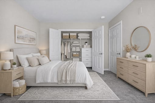 A well-lit bedroom with a large bed, a dresser, and a wardrobe.