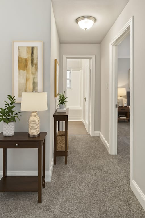 A hallway with a table and a plant on it.