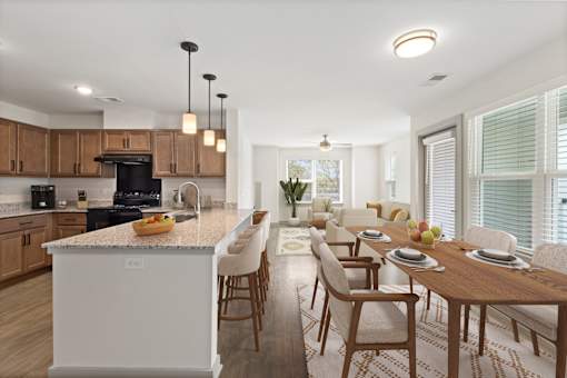 A modern kitchen with a dining table set for four.
