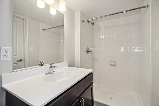 a bathroom with a sink and a shower and a mirror