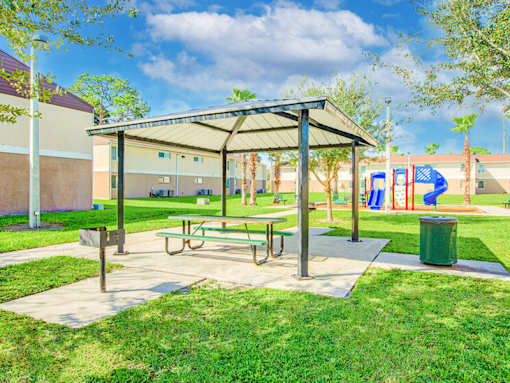 A picnic area with a table and benches under a shelter.