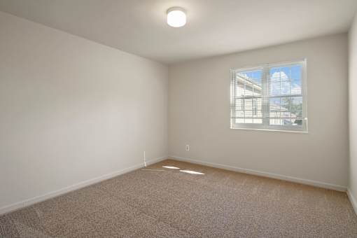 A room with a carpeted floor and a window showing a building outside.