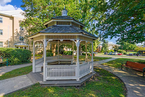 A gazebo with a black roof and white railings is surrounded by greenery.