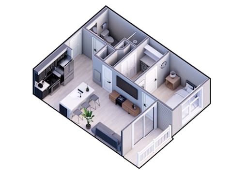 A 3D image of a house layout with a kitchen, living room, and bathroom.