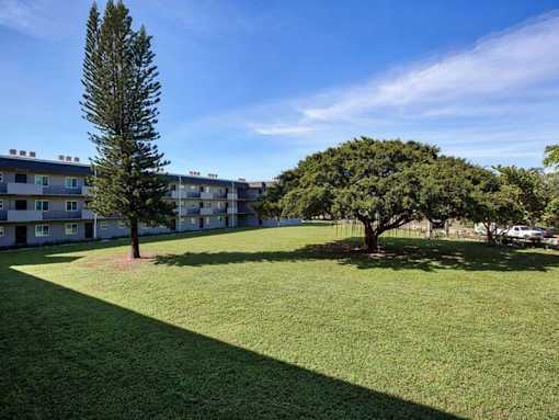 A grassy area with two trees and apartment buildings in the background.