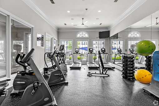 A gym with treadmills, elliptical machines, and exercise balls.