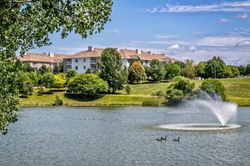 a fountain in the middle of a lake with ducks in the water