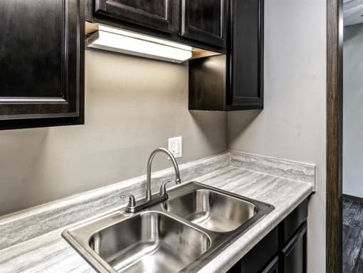 a kitchen with a sink and black cabinets