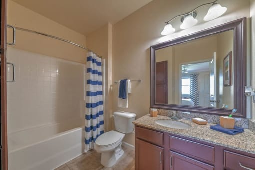 a bathroom with vanity, toilet and shower