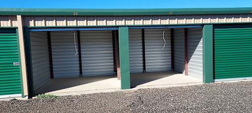 a row of storage units with open doors