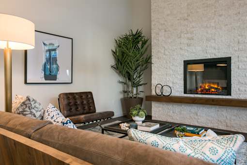 A living room with a brown couch, a fireplace, and a potted plant.