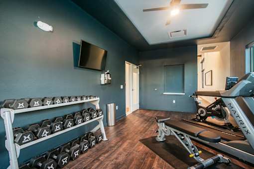 A gym with a row of dumbbells on a rack and a treadmill.