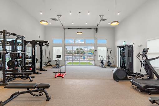 A spacious gym with a variety of equipment including treadmills, weights, and exercise machines.