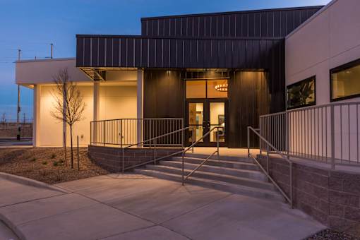 A modern building with a dark facade and a tree in front.