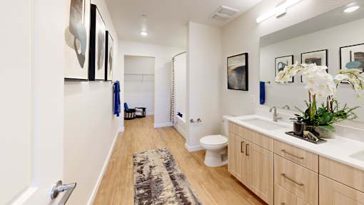 A bathroom with a toilet, sink, and mirror.