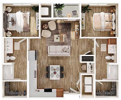 A top-down view of a well-organized, modern kitchen and living room.
