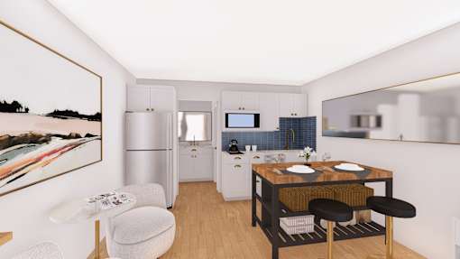 A modern kitchen with a dining table and chairs.